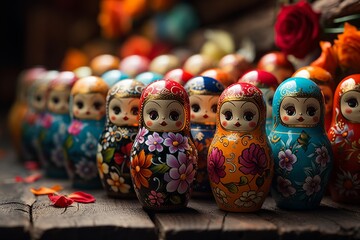 Traditional Russian matryoshka dolls arranged in a colorful display, Generative AI