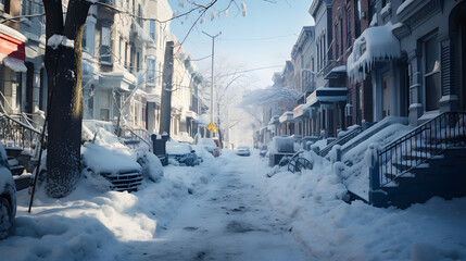 Winter wonderland streets blanketed in heavy snowfall - obrazy, fototapety, plakaty