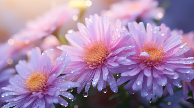 Blossoming pink and purple aster flowers garden. AI generated image