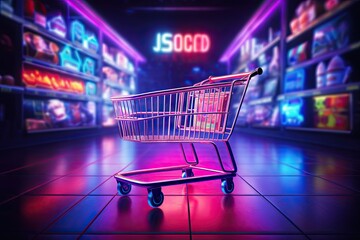 Neon lights sale. Online shopping wonderland. Cart of convenience. Exploring modern market. Glowing deals await. Shop in style. Bringing store