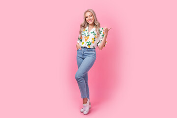 Full body photo of pretty model posing perfect young lady index finger novelty new collection...
