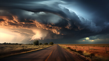 Ominous tornado approaching deserted highway - obrazy, fototapety, plakaty