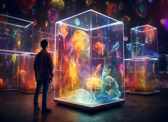 Person observing a work of art inside a glass cube.