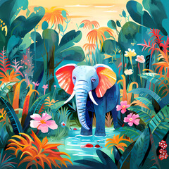 Animal in the wild forest. Elephant in the tropical jungle, for storybook, children book, poster, birthday element, invitation card etc. Animal in the wild forest.  