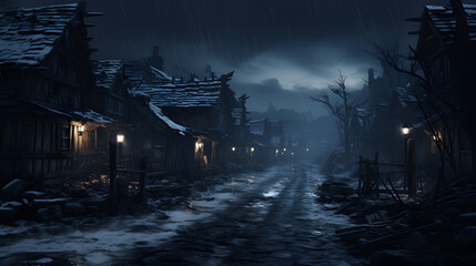 Old village with twinkling lights on winter night