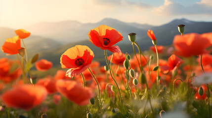 Naklejka premium Field of blossoming poppy flowers in the mountains. AI generated image.