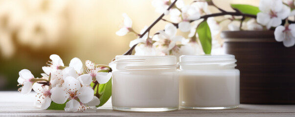 Moisturizing cream and almond blooms front view close up