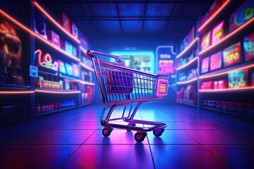 Neon lights sale. Online shopping wonderland. Cart of convenience. Exploring modern market. Glowing deals await. Shop in style. Bringing store