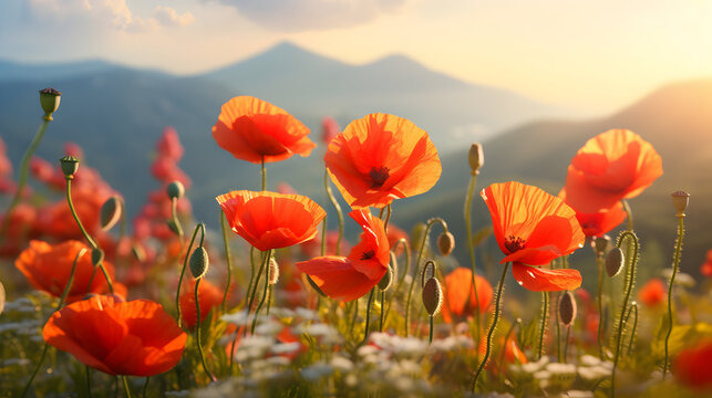 Field of blossoming poppy flowers in the mountains. AI generated image.