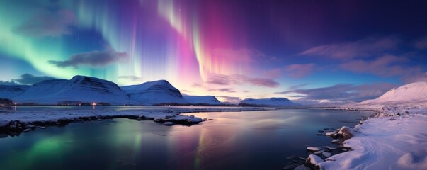 beautiful polar lights in cold mountain winter landscape - obrazy, fototapety, plakaty