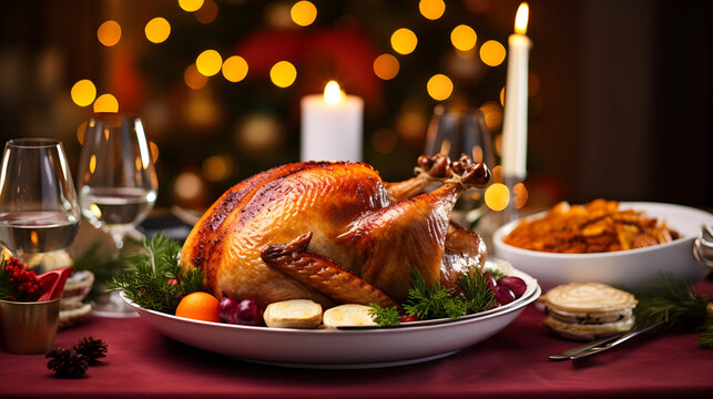 Traditional Christmas dinner with roasted turkey. AI generated image