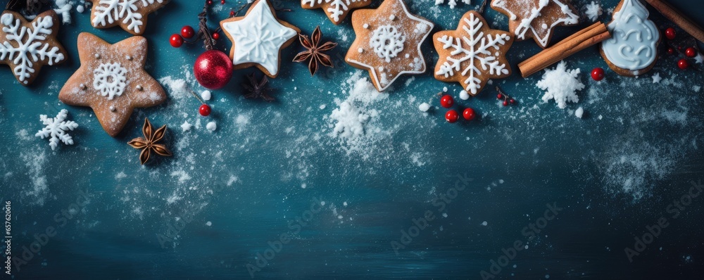 Wall mural tasty decorated christmas cookies on blue background