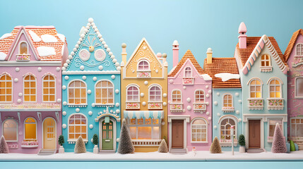 Gingerbread houses. Christmas fairy village landscape. AI generated image - obrazy, fototapety, plakaty