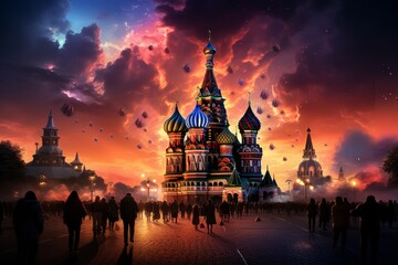  Iconic Saint Basil's Cathedral with colorful onion domes in Red Square, Moscow, Generative AI - obrazy, fototapety, plakaty