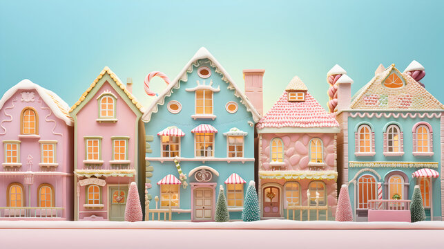 Gingerbread houses. Christmas fairy village landscape. AI generated image