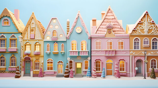 Gingerbread houses. Christmas fairy village landscape. AI generated image