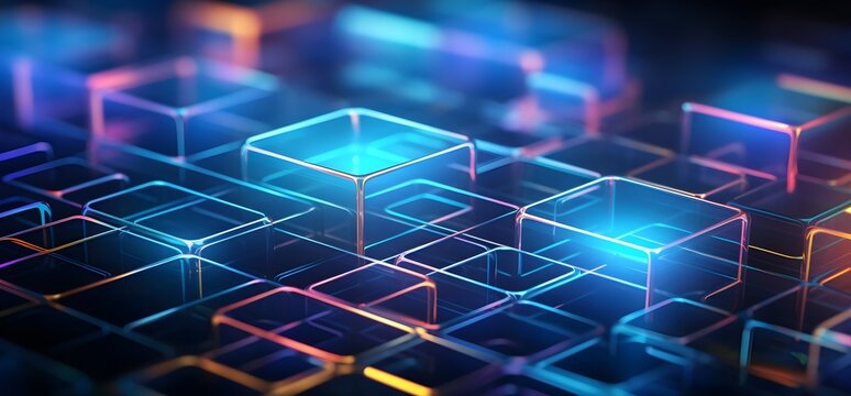 3D Rendered Network of Multicolored Cubes on Dark Background. Modern digital abstract 3D background. Copy space.. generative ai