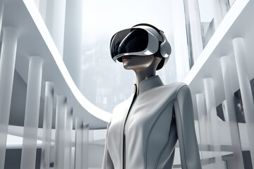 A female wearing a virtual reality headset to immersive in a digital realm where sensory feedback and interactive experiences redefine reality, computer Generative AI stock illustration image