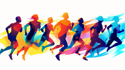 Estores personalizados de deportes con tu foto Female and male athlete runners doing a training exercise for a sports race event by jogging and running shown in a contemporary athletic abstract design, Generative AI stock illustration image