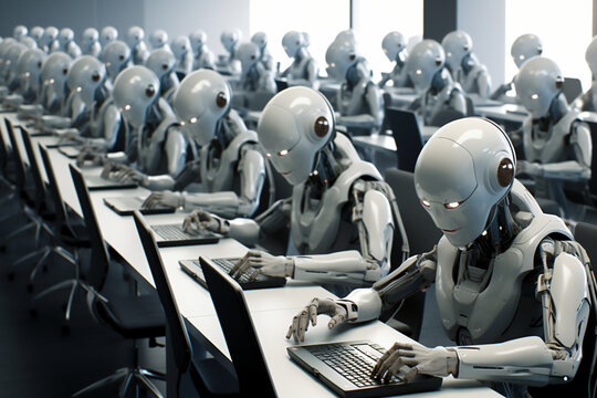 Humanoid robot office workers working on a laptop computer while networking on the internet using machine learning technology, computer Generative AI stock illustration image