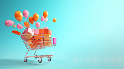 A shopping trolley, also known as a cart, is a wheeled basket used by shoppers to transport grocery goods in a supermarket store, computer Generative AI stock illustration image - obrazy, fototapety, plakaty