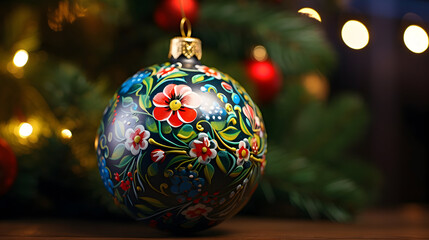 Christmas tree ball with folk ornament. AI generated image.