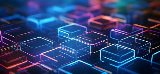 Obraz premium 3D Rendered Network of Multicolored Cubes on Dark Background. Modern digital abstract 3D background. Copy space.. generative ai