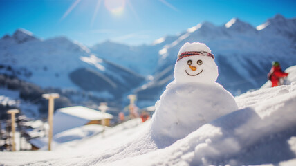 冬山の雪だるまと青空 snowman in winter mountain and blue sky - obrazy, fototapety, plakaty