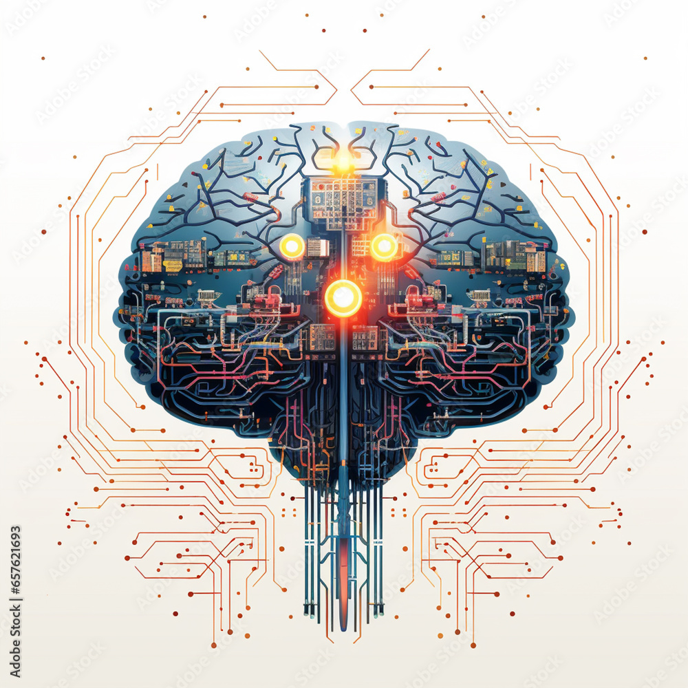 Poster a illustration of a stylized human brain merged with circuitry, symbolizing the synergy of ai and hu