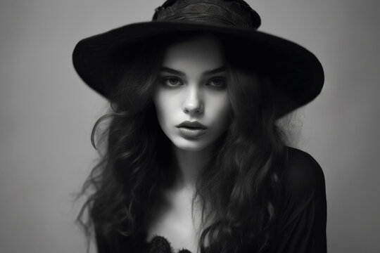 Black and white portrait of a young woman in a hat