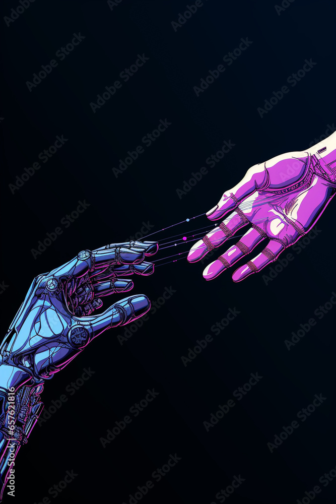 Aufkleber A robot hand extending towards a human hand, illustrating collaboration between AI and humans.