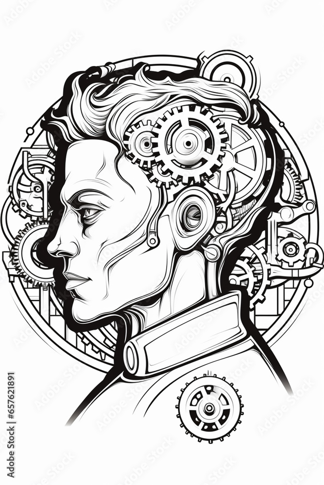 Aufkleber A line art icon of a robot with gears inside its head, symbolizing the computational nature of AI.
