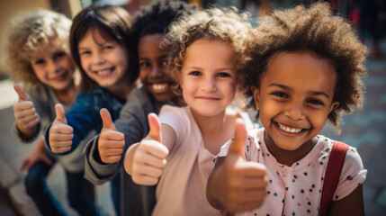 Obraz premium Group of kids showing thumbs up. Happy, healthy and positive children