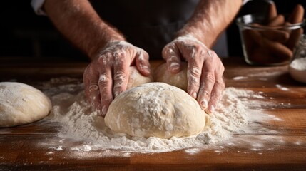 Obraz premium Flour-covered hands forming dough into perfect round shapes
