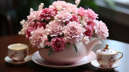 Soft pink roses and carnations in a vintage-style teapot