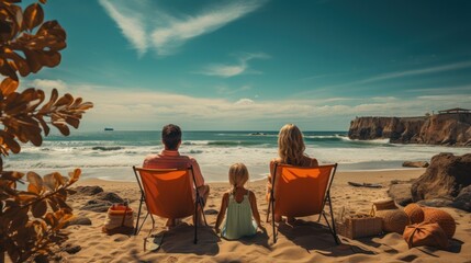 Relaxed family lounging on beach chairs and enjoying the view