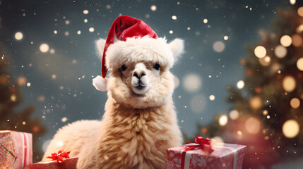 Super cute alpaca in Santa hat. Merry Christmas greeting concept. AI generated image.