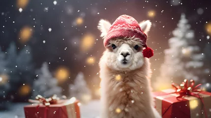 Zelfklevend Fotobehang Super cute alpaca in Santa hat. Merry Christmas greeting concept. AI generated image. © yekaterinalim
