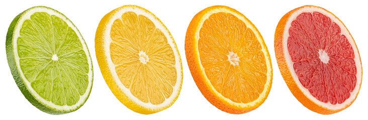 Mix of orange, grapefruit, lime and lemon slices isolated on white background