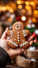 Child's hand holding a freshly baked gingerbread man cookie
