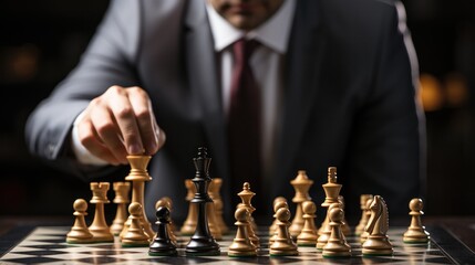 A photograph featuring a businessman strategically moving a chess piece on a board game