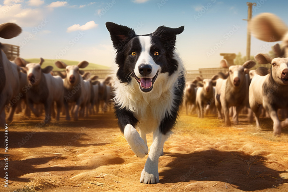 Poster a well-trained border collie herding sheep on a farm, showcasing the intelligence and working abilit
