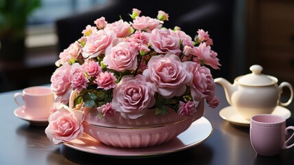Soft pink roses and carnations in a vintage-style teapot