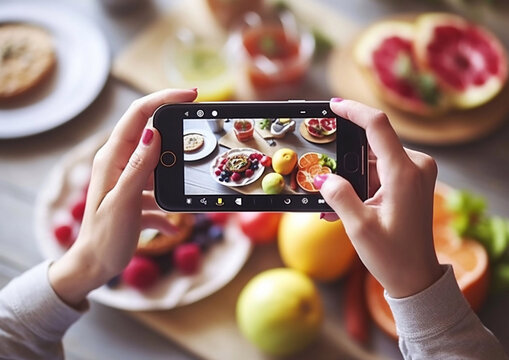 Female hands holding smartphone and making photos of food on table.Macro.AI Generative
