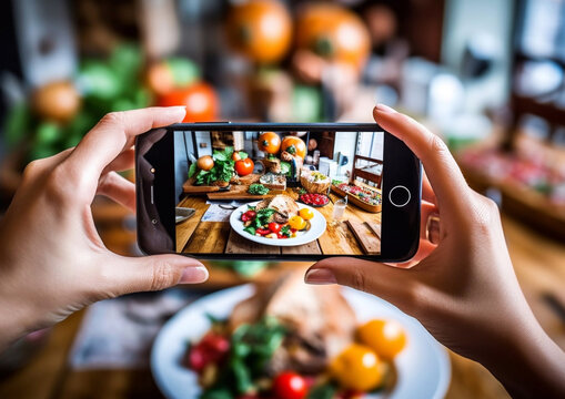 Female hands holding smartphone and making photos of food on table.Macro.AI Generative
