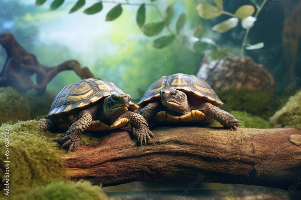 Poster a pair of turtles basking on a log in a terrarium, representing the calm and low-maintenance nature 