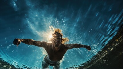 Stunning photo of a swimmer diving into a sparkling blue ocean