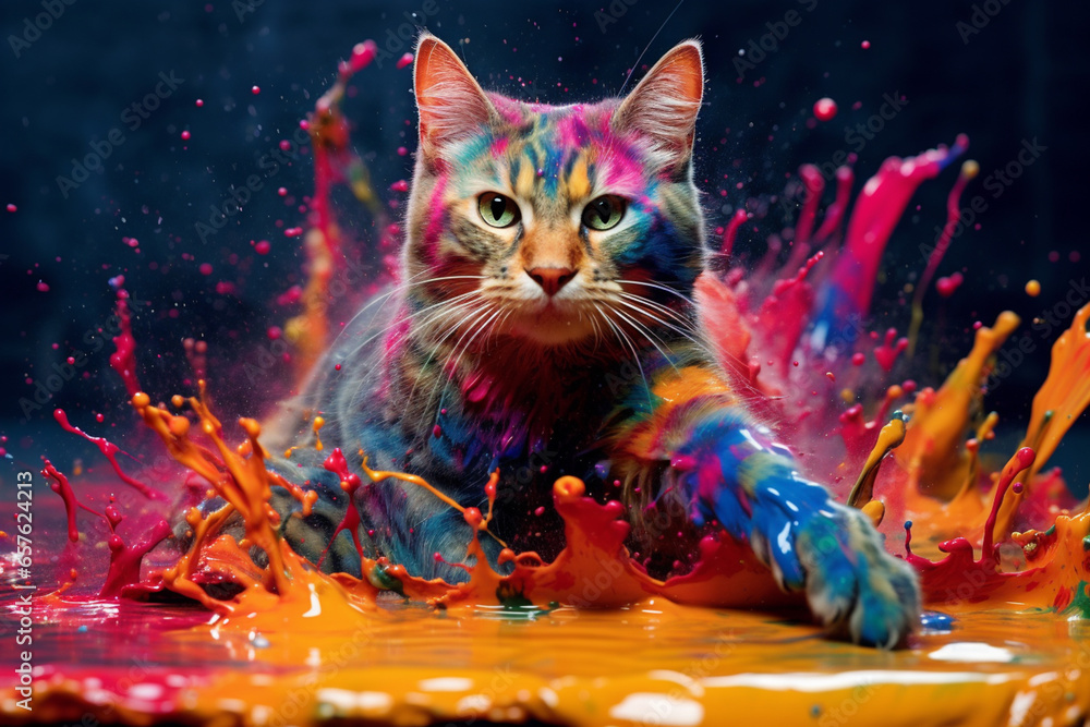 Poster an vibrant photograph of a cat splashed in bright paint, contemporary colors and mood social backgro