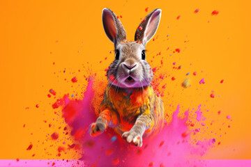 An vibrant photograph of a Rabbit splashed in bright paint, contemporary colors and mood social background. 