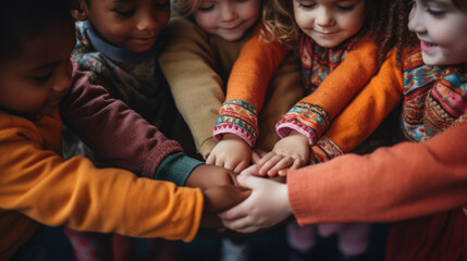 Group of diverse holding hands. Community support and friendship concept - obrazy, fototapety, plakaty